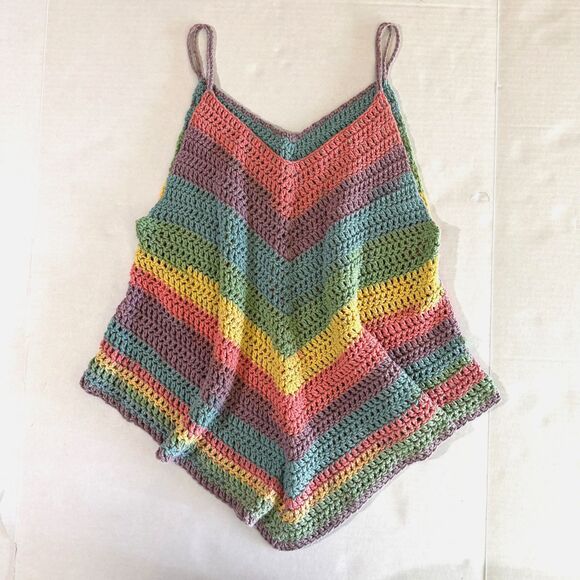Handmade Tops - Rainbow Crochet V Striped Handmade Tank Top, M Boho Festival